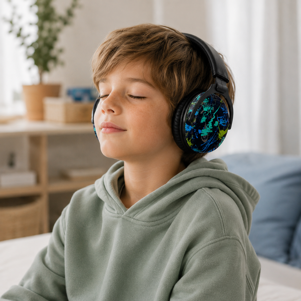 Enfant portant un casque anti-bruit, protection contre l'hypersensibilité auditive et l'autisme