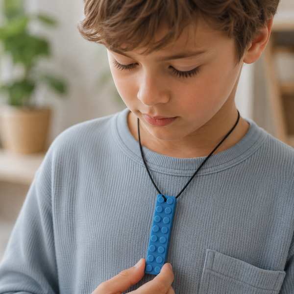 Enfant portant un collier à mâcher en silicone, mastication pour l'autisme et le TDAH