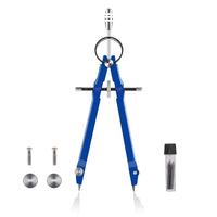 Compas bloquant bleu avec accessoires supplémentaires, idéal pour des tracés précis et ergonomiques.