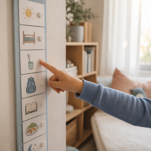 Enfant pointant un emploi du temps visuel à pictogrammes, routine pour l'autisme
