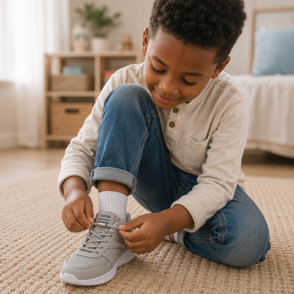 Enfant mettant ses chaussures avec des lacets élastiques sans nœud, autonomie et autisme