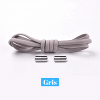 Lacets élastiques gris munis d’embouts métalliques, pratiques pour un laçage simplifié au quotidien