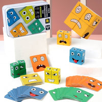 Présentation du Jeu des Émotions montrant les cubes expressifs et les cartes d’émotions, destiné à stimuler la découverte et l’expression des émotions
