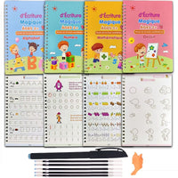 Ensemble complet de cahiers d’Écriture Magique (Alphabet, Numéro, Mathématique, Dessin) avec leurs stylos et accessoires, pour un entraînement ludique à l’écriture.