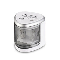 Taille-crayon électrique blanc et argent, avec réservoir transparent pour récupérer les copeaux
