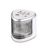 Taille-crayon électrique blanc et argent, avec réservoir transparent pour récupérer les copeaux