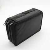 Gros plan d’une trousse à compartiment noire, montrant un motif en nid d’abeilles et plusieurs zips
